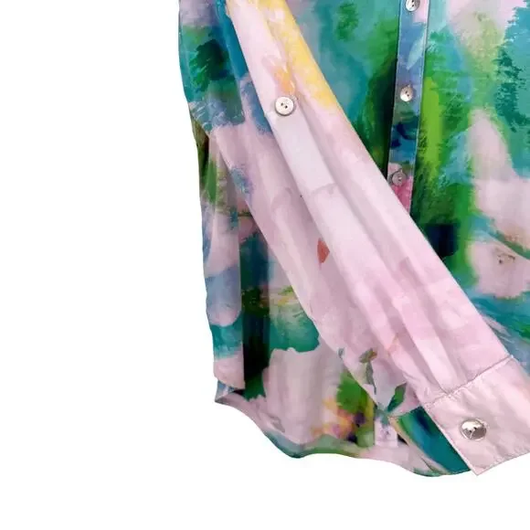Anthropologie Fig & and Flower Large Pink Green Tropical Beach Blouse Shirt Top - Picture 6 of 8
